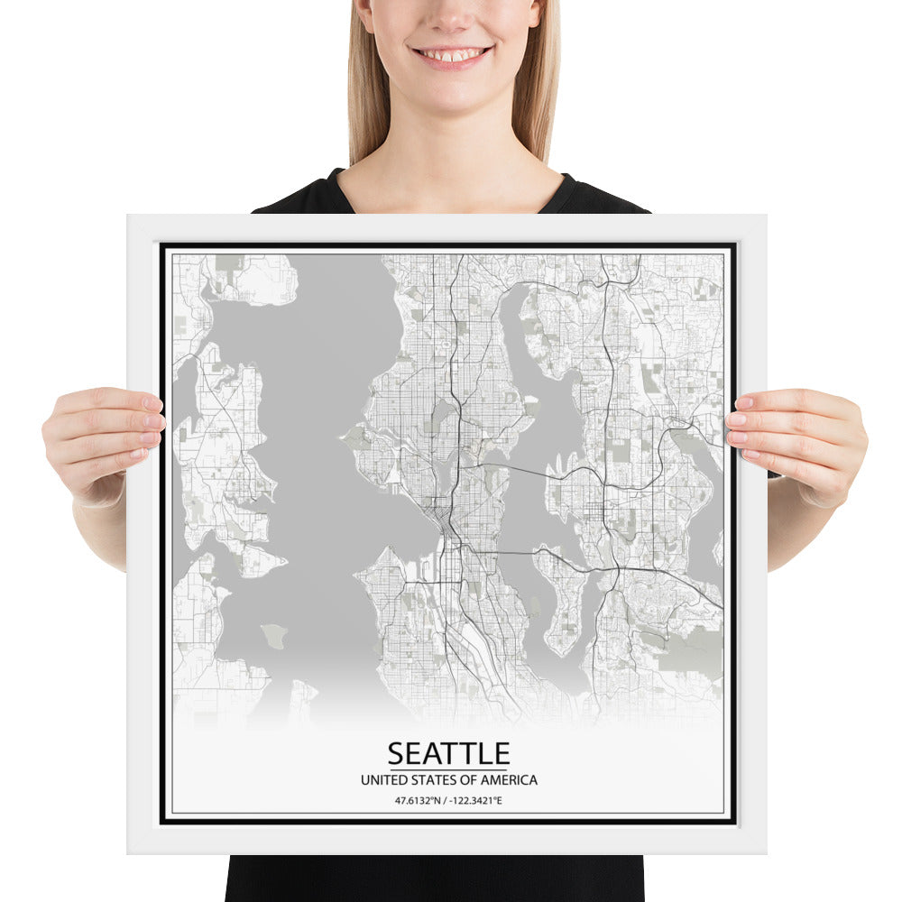 Seattle White Framed Map