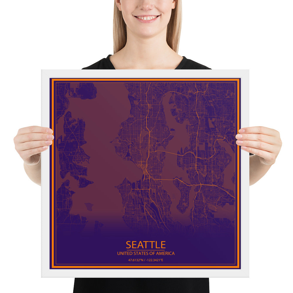 Seattle Purple and Orange Framed Map