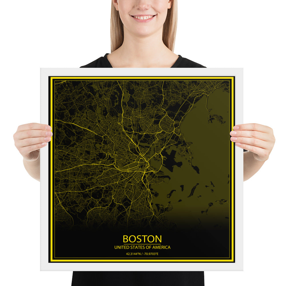 Boston Black and Yellow Framed Map