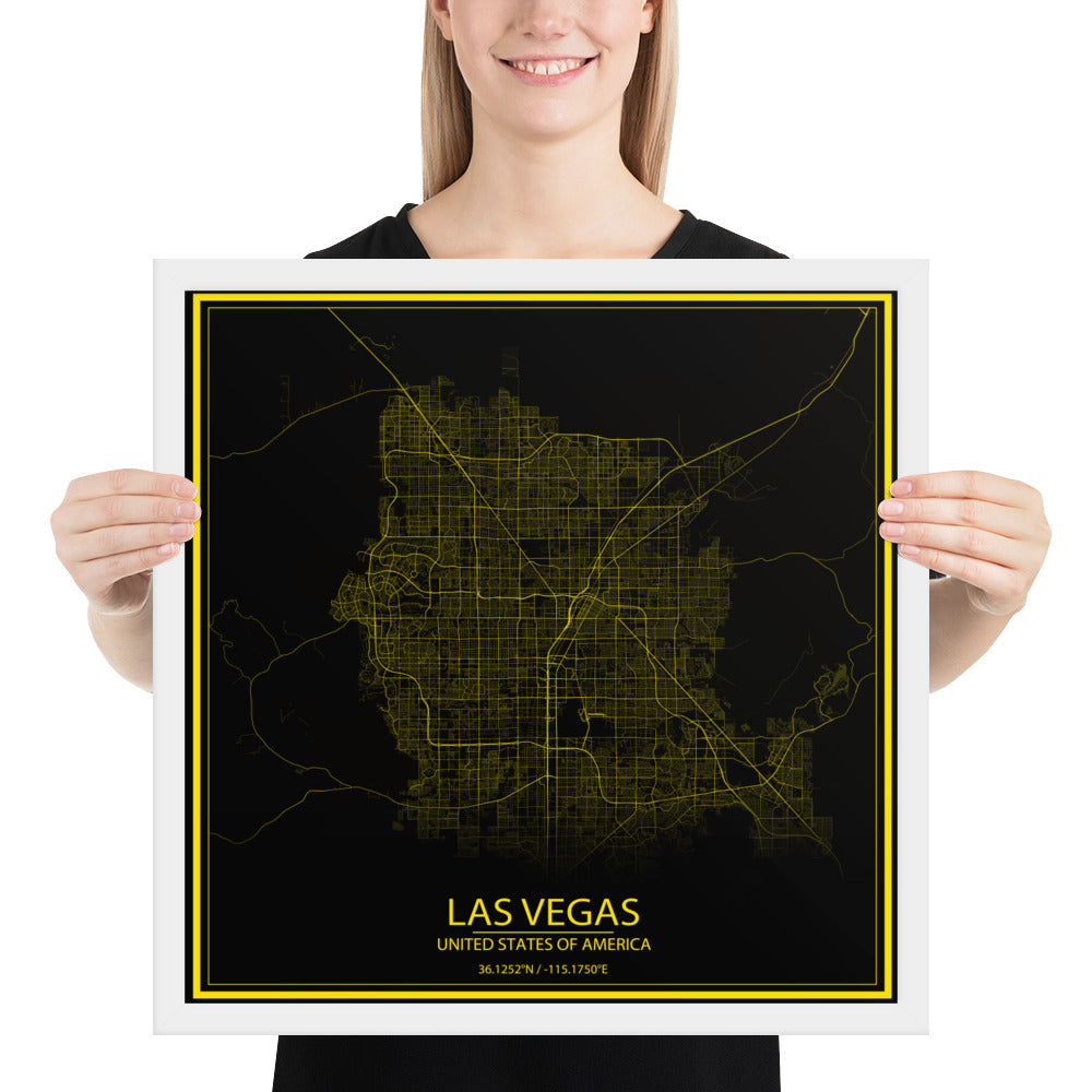 Las Vegas Black and Yellow Framed Map