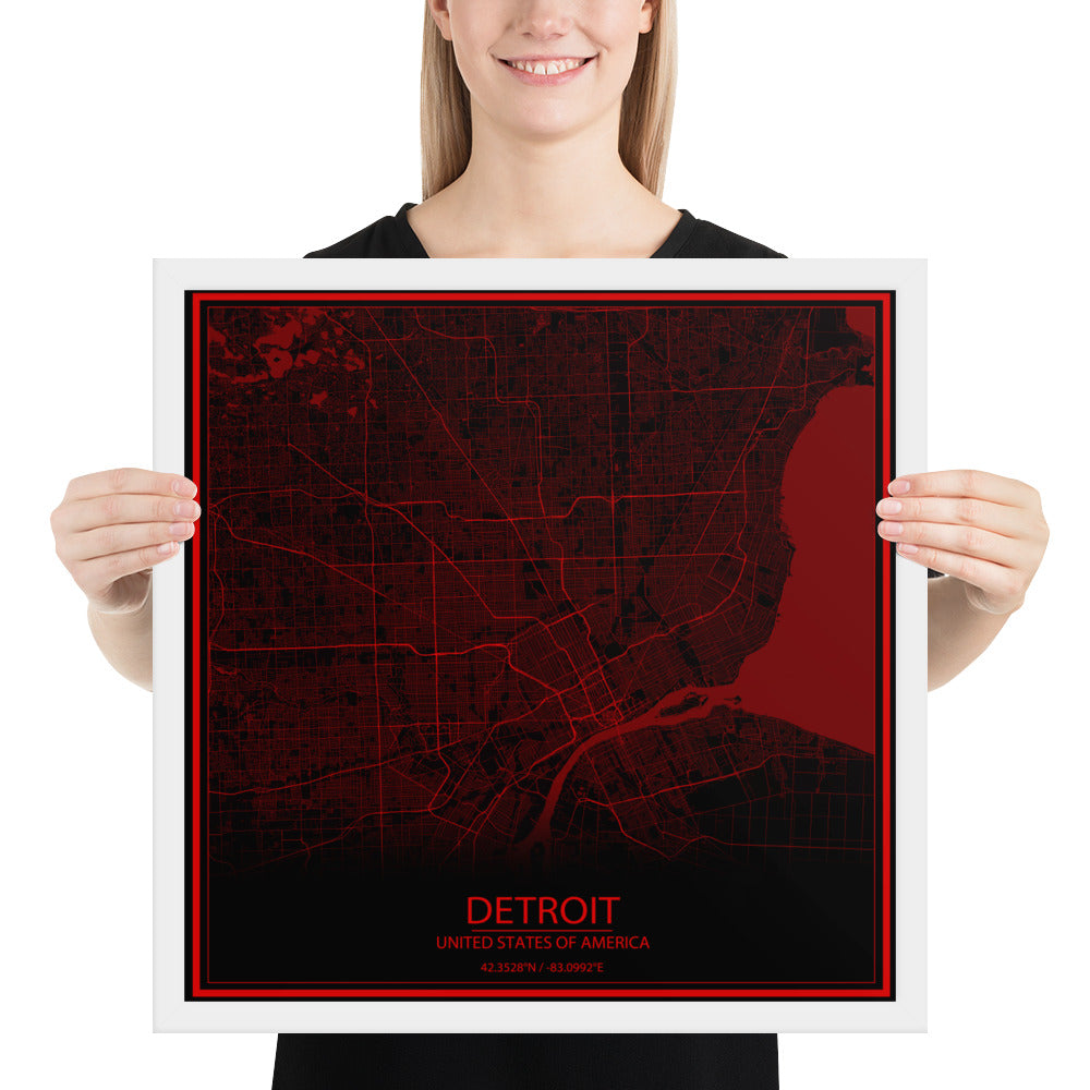 Detroit Black and Red Framed Map