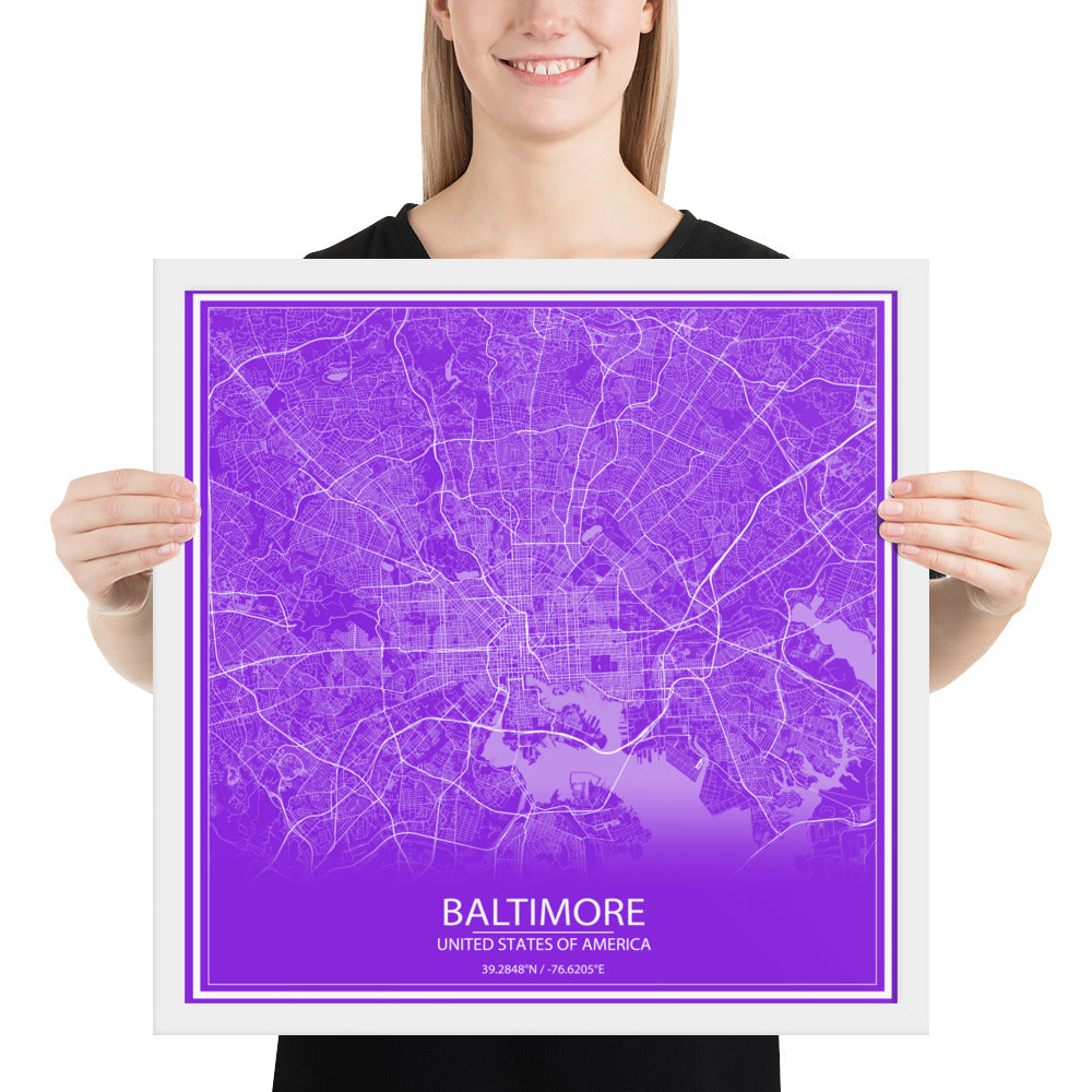 Baltimore Purple and White Framed Map
