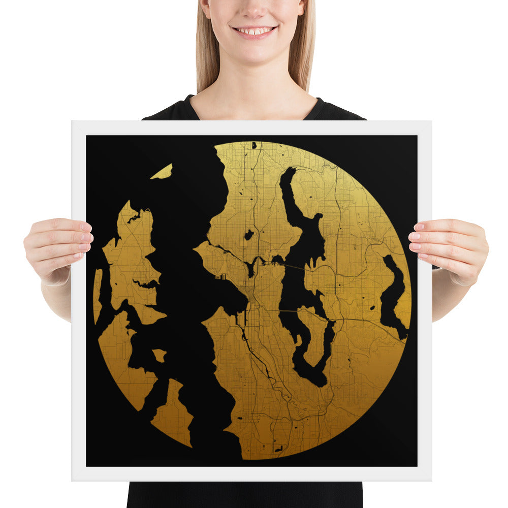Seattle Gold on Black Framed Map