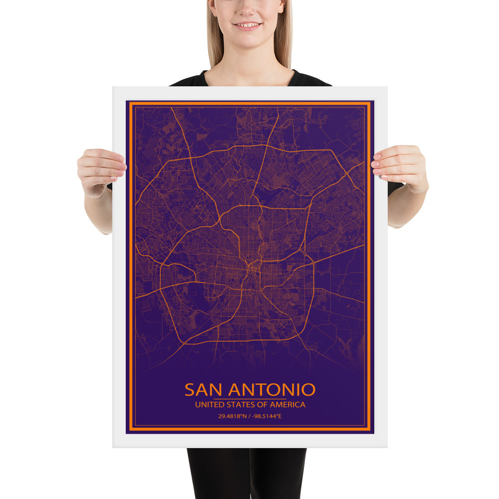San Antonio Purple and Orange Framed Map