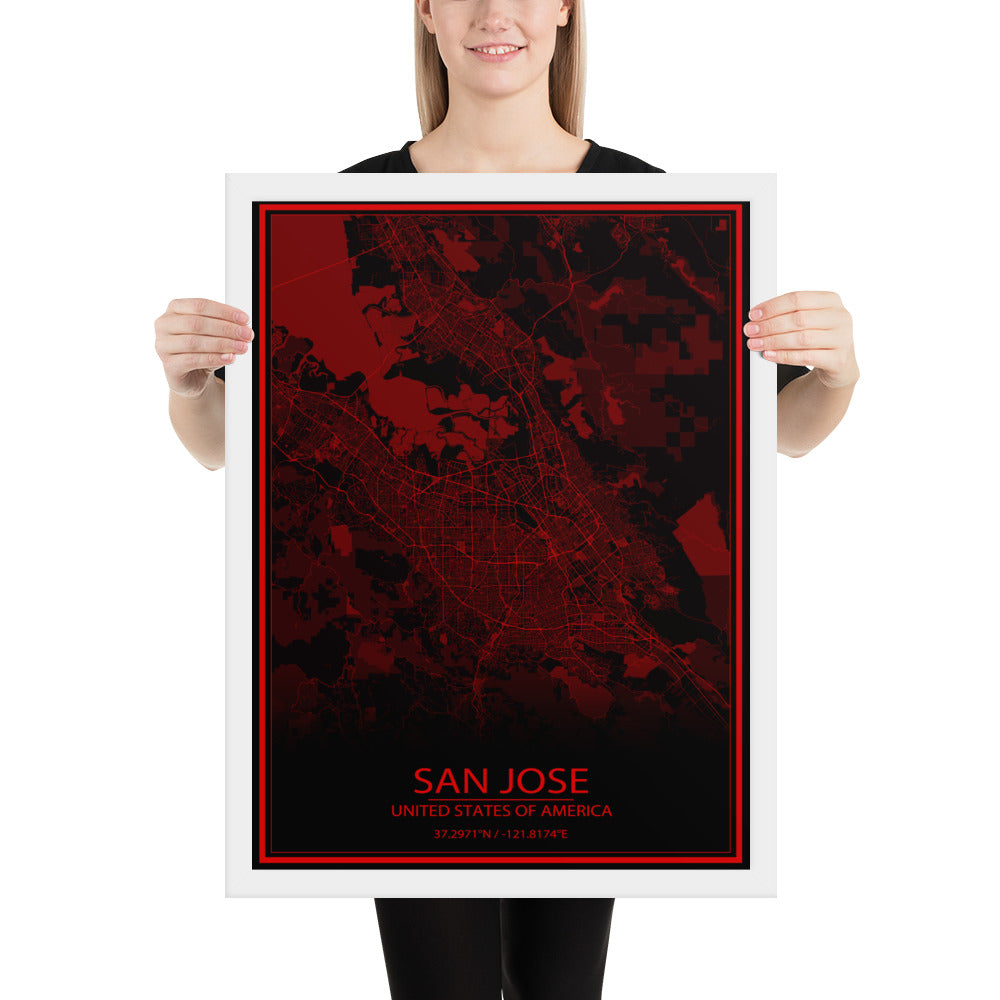San Jose Black and Red Framed Map