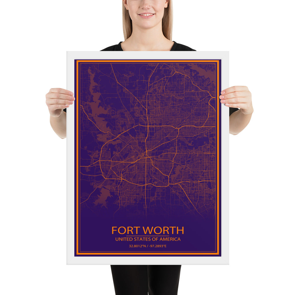 Fort Worth Purple and Orange Framed Map