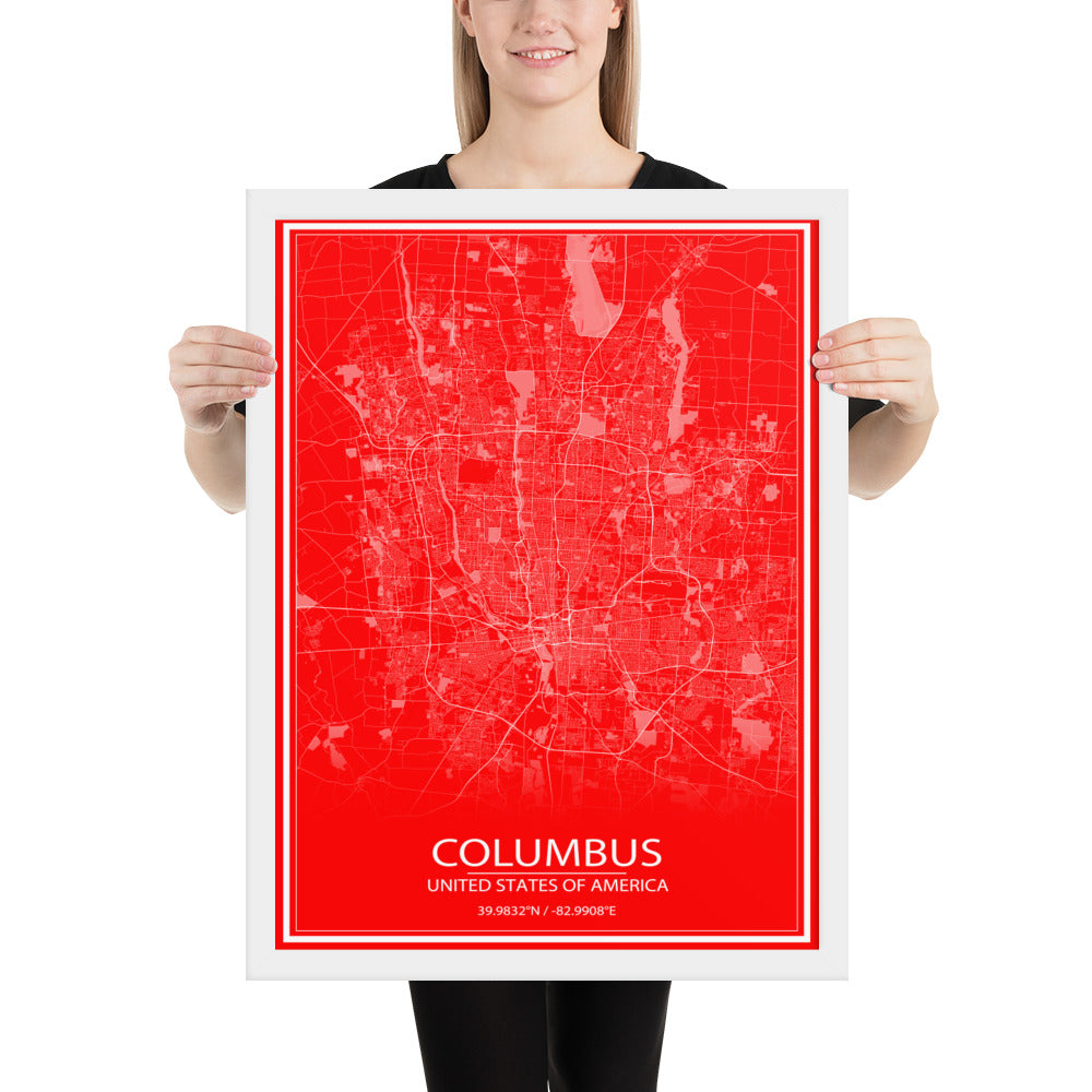 Columbus Red and White Framed Map