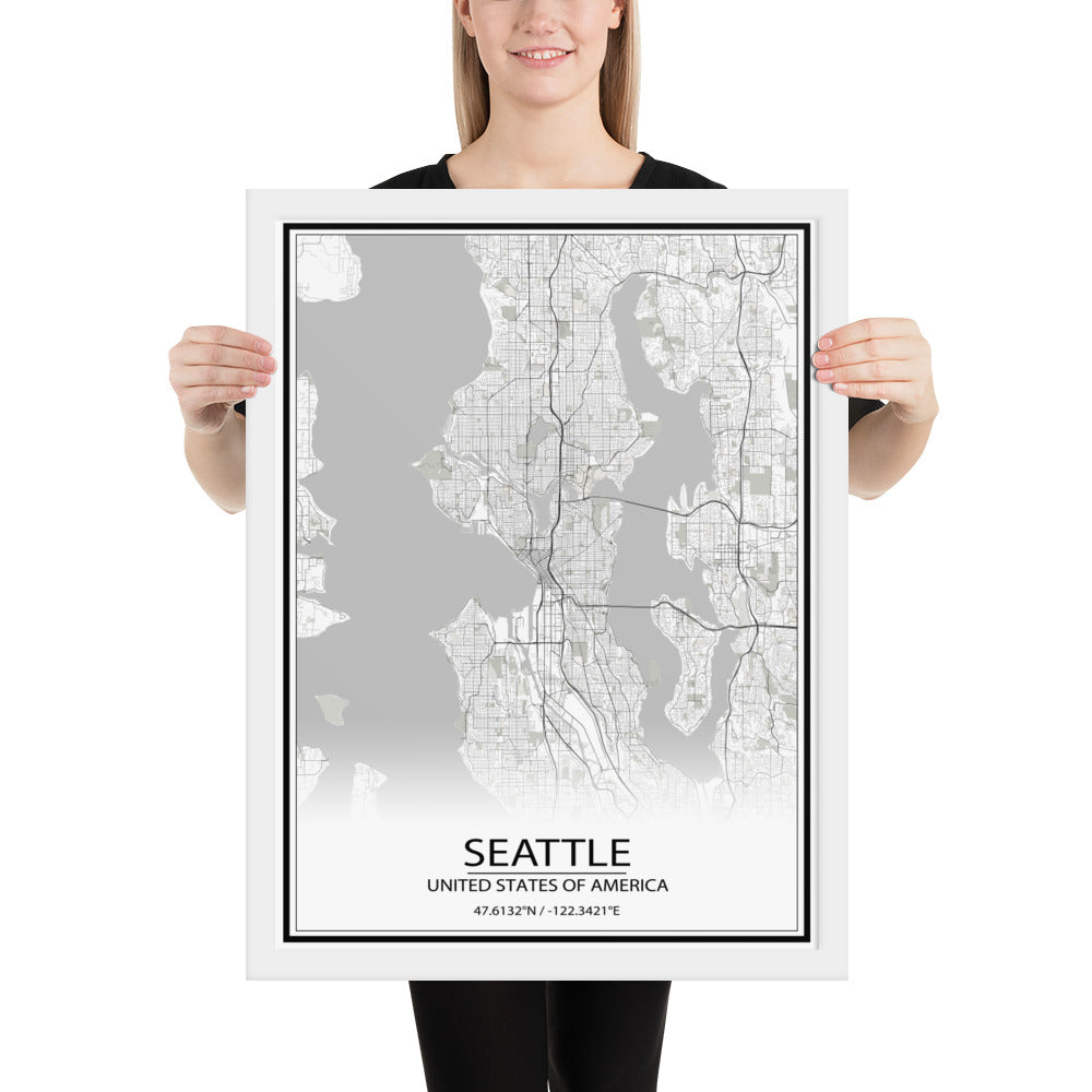 Seattle White Framed Map