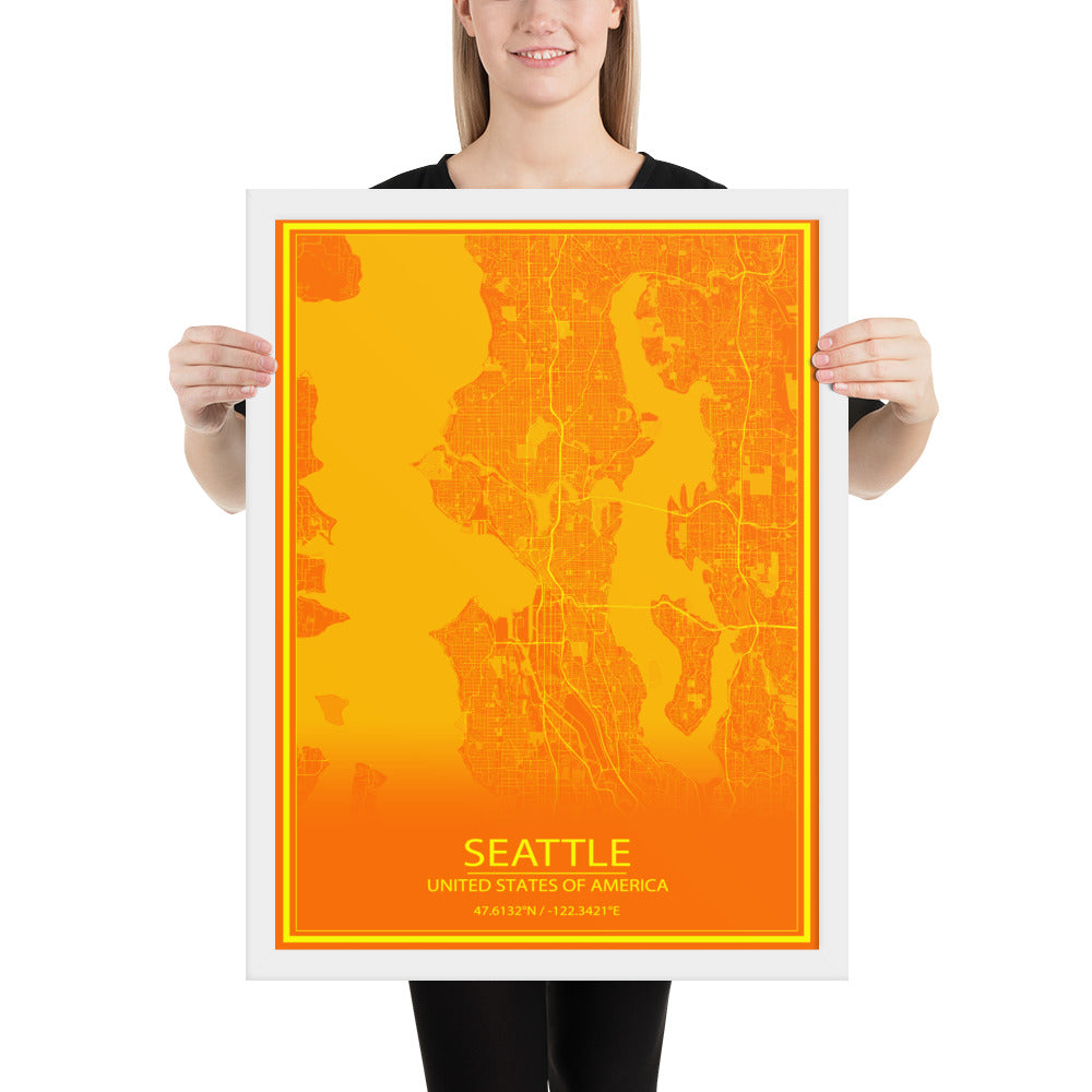 Seattle Orange and Yellow Framed Map