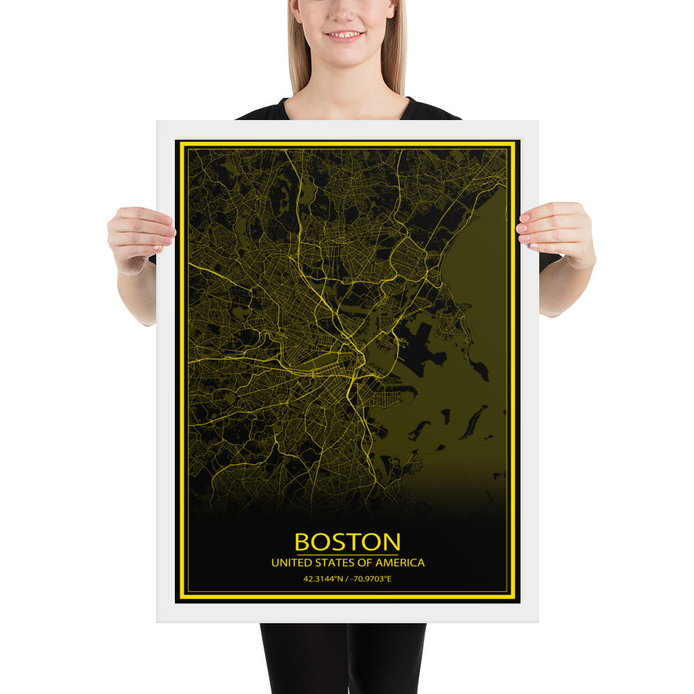 Boston Black and Yellow Framed Map