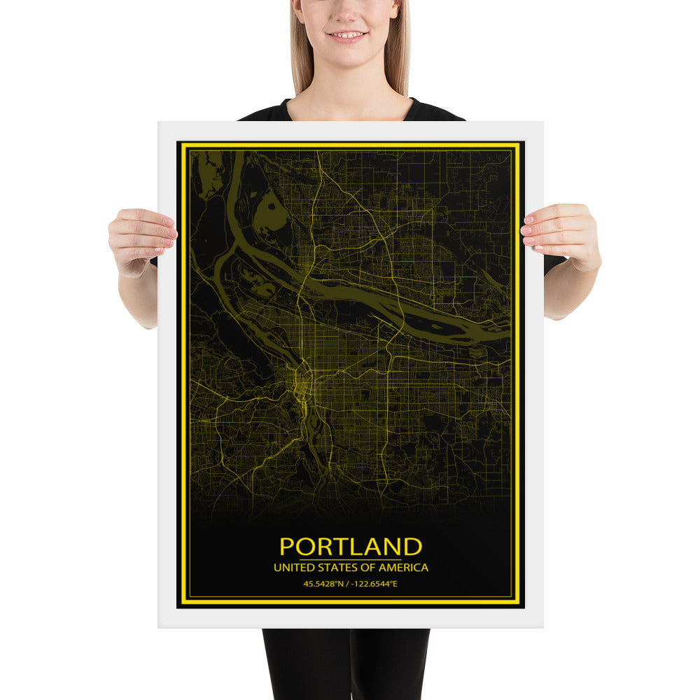Portland Black and Yellow Framed Map