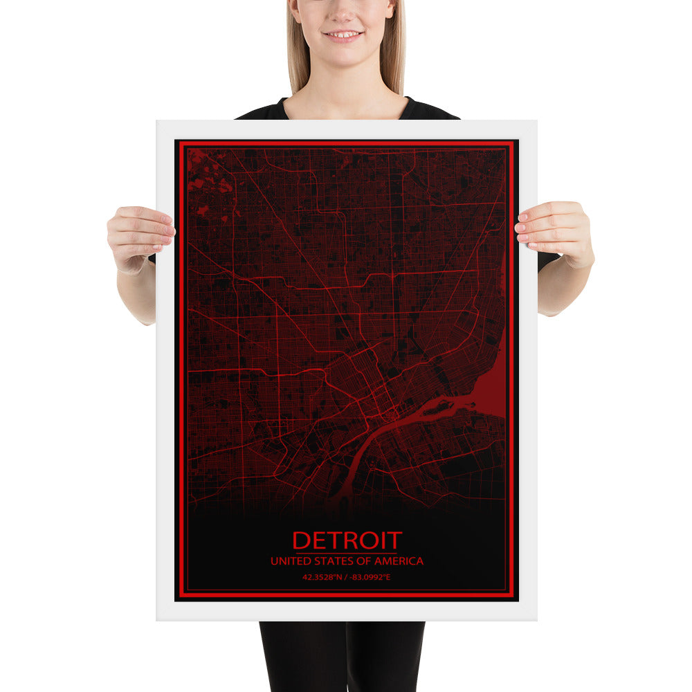 Detroit Black and Red Framed Map