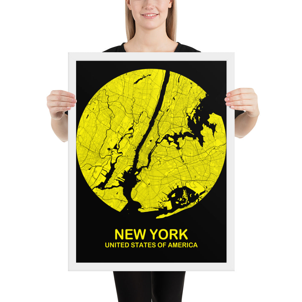 New York Circular Yellow Framed Map