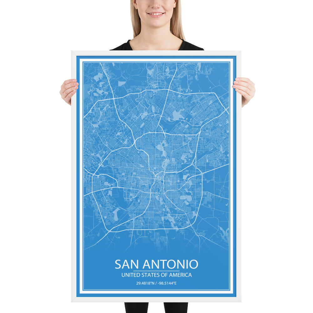 San Antonio Blue and White Framed Map