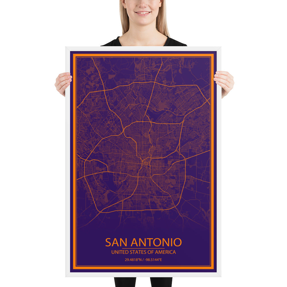 San Antonio Purple and Orange Framed Map