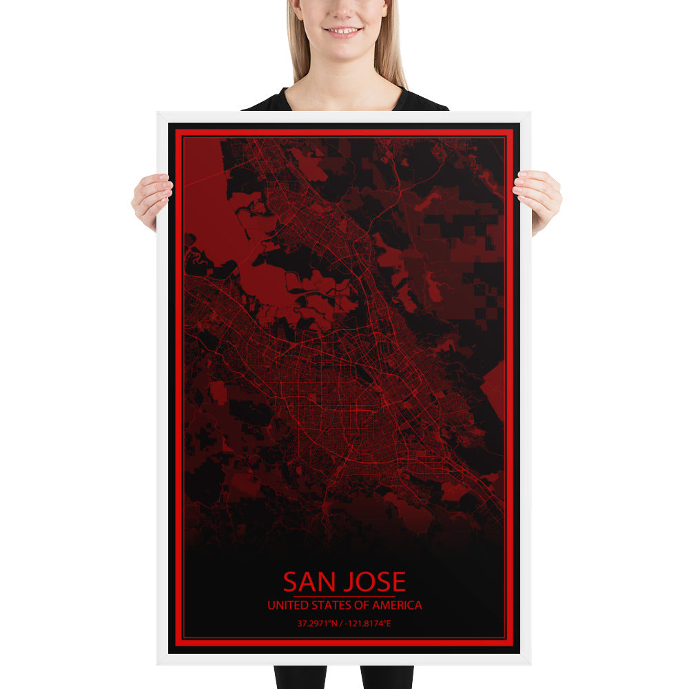 San Jose Black and Red Framed Map