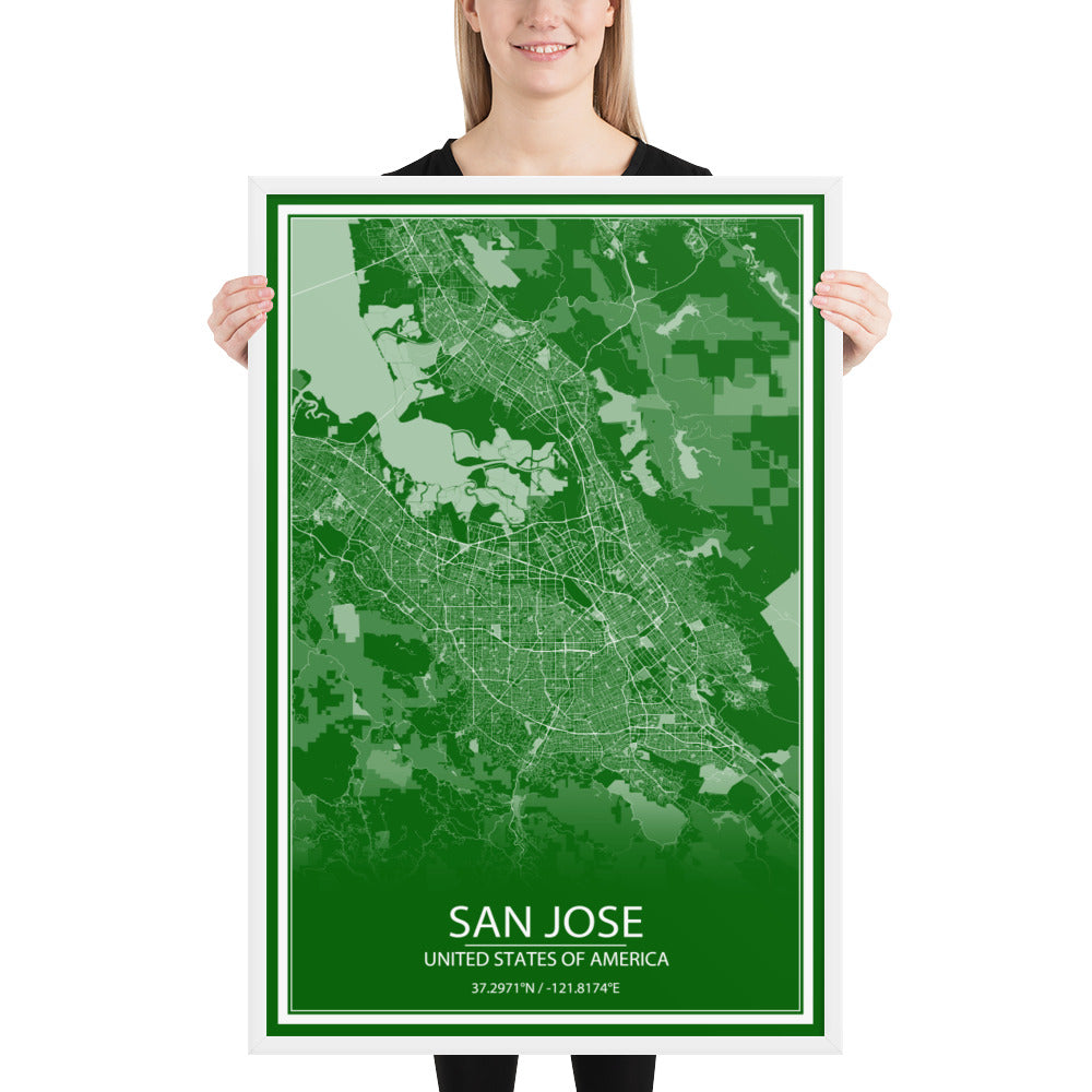 San Jose Green and White Framed Map