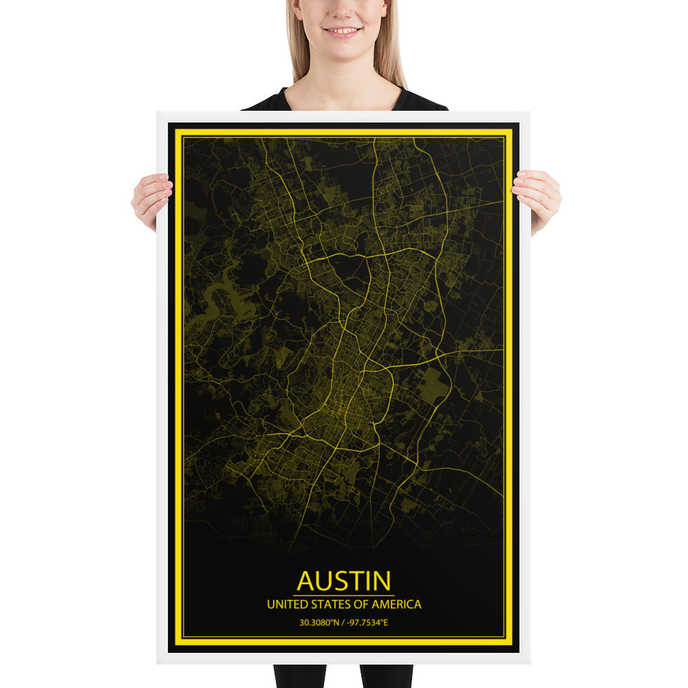 Austin Black and Yellow Framed Map