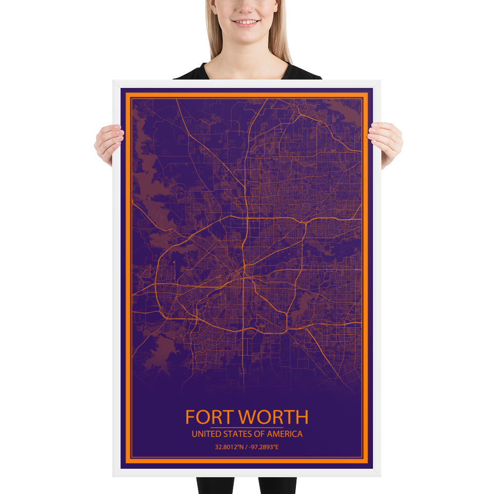 Fort Worth Purple and Orange Framed Map