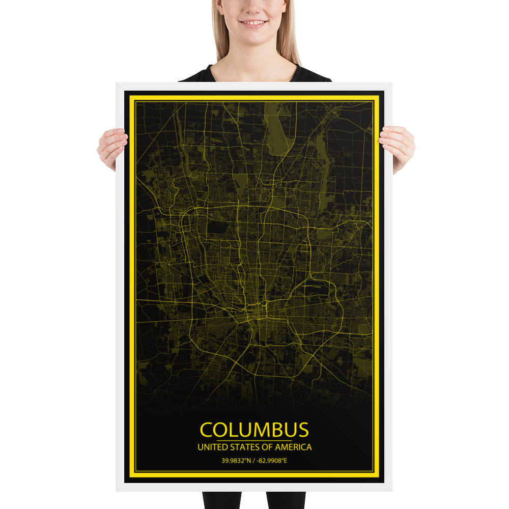 Columbus Black and Yellow Framed Map