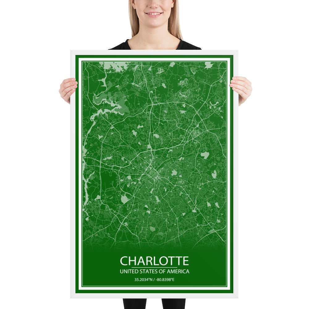 Charlotte Green and White Framed Map