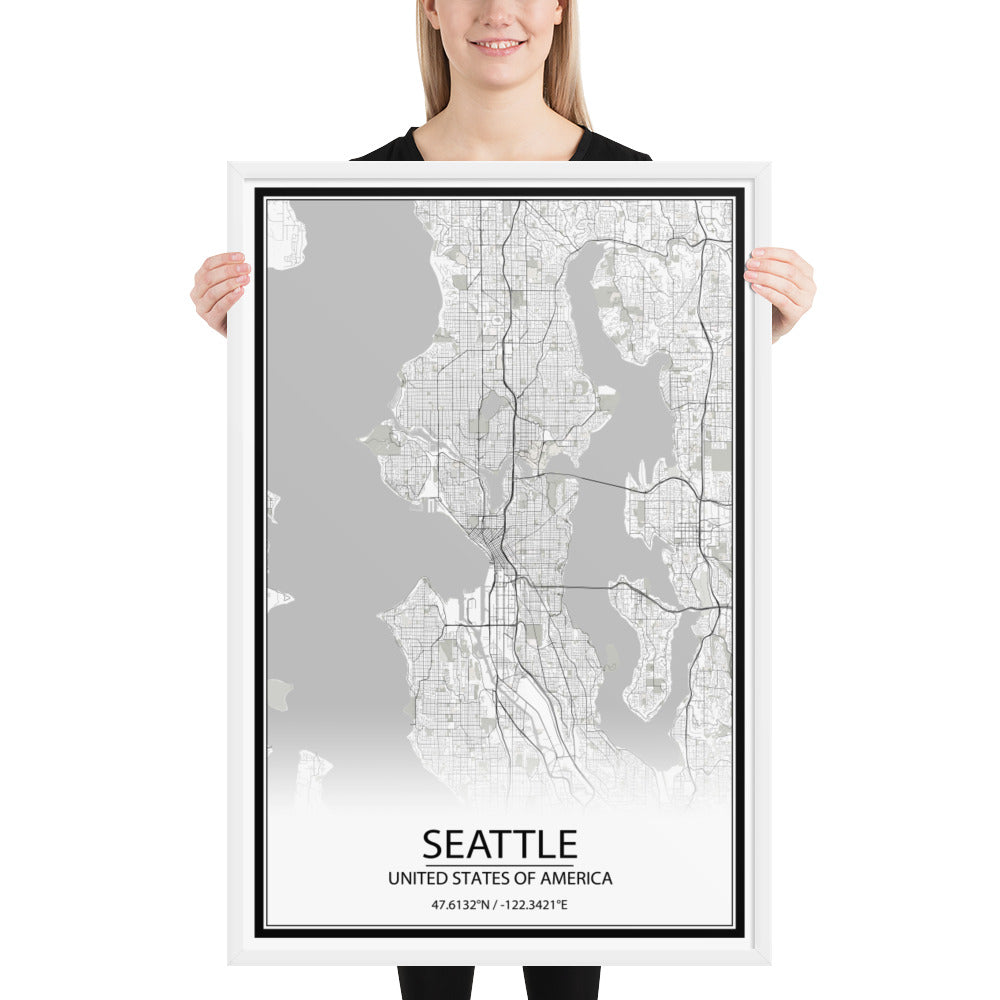 Seattle White Framed Map