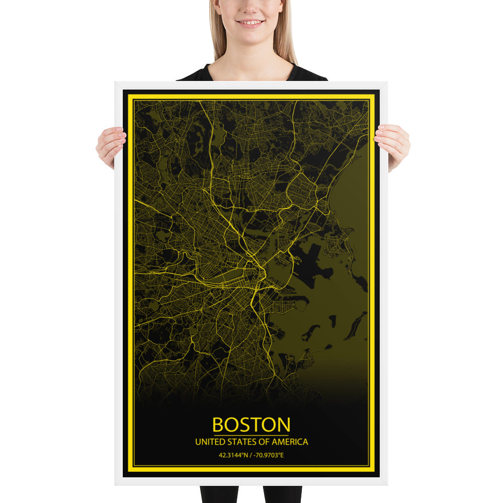 Boston Black and Yellow Framed Map