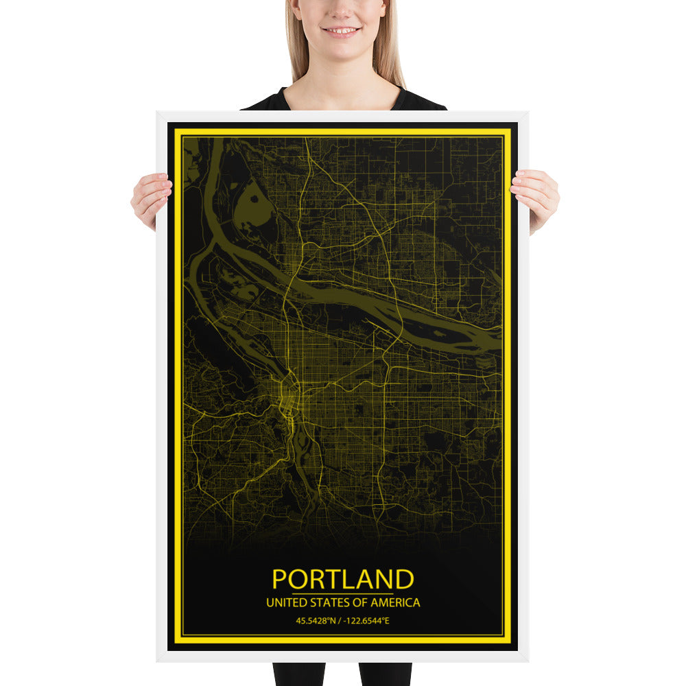 Portland Black and Yellow Framed Map