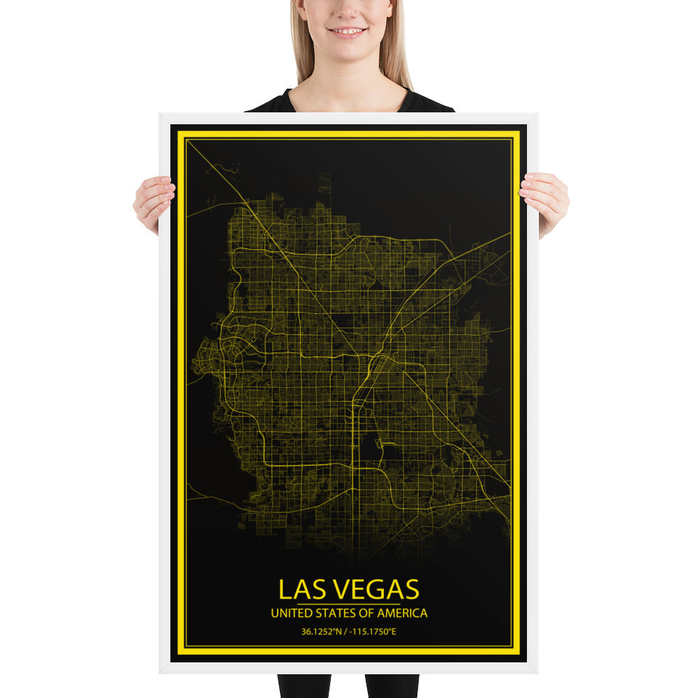 Las Vegas Black and Yellow Framed Map