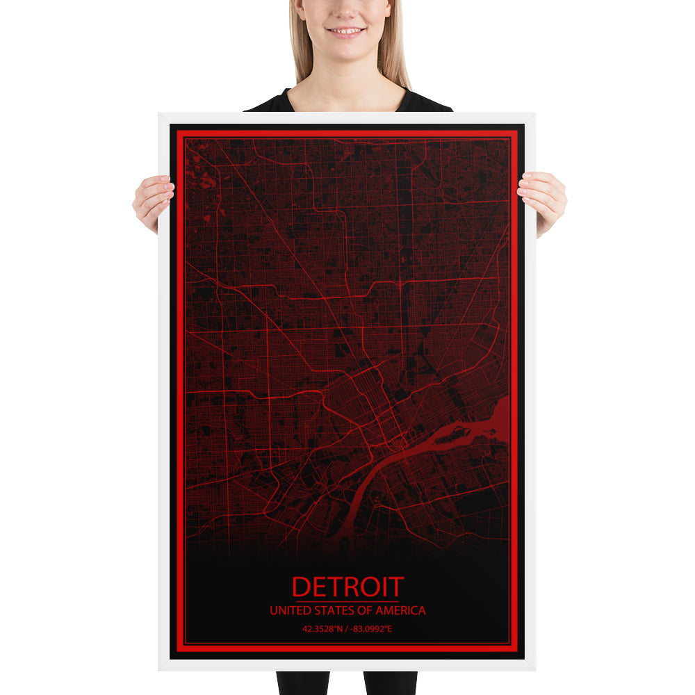 Detroit Black and Red Framed Map