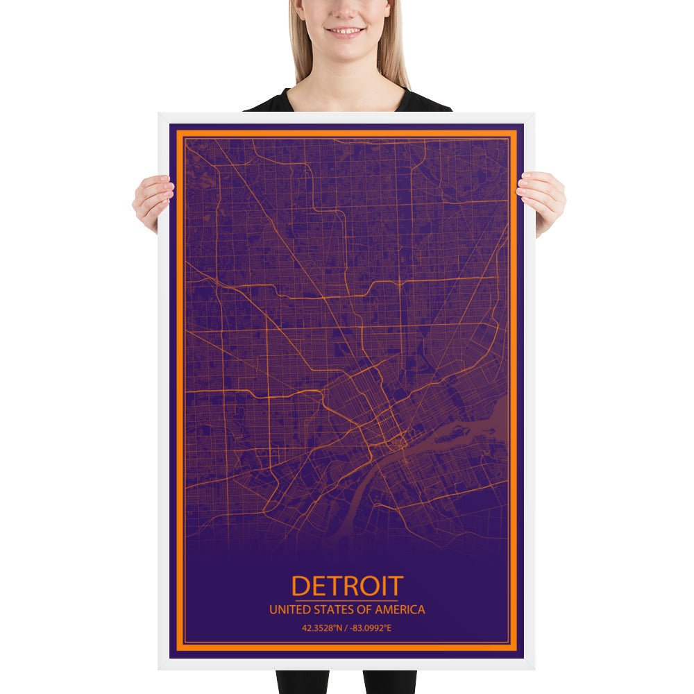Detroit Purple and Orange Framed Map