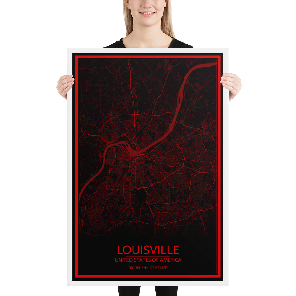 Louisville Black and Red Framed Map