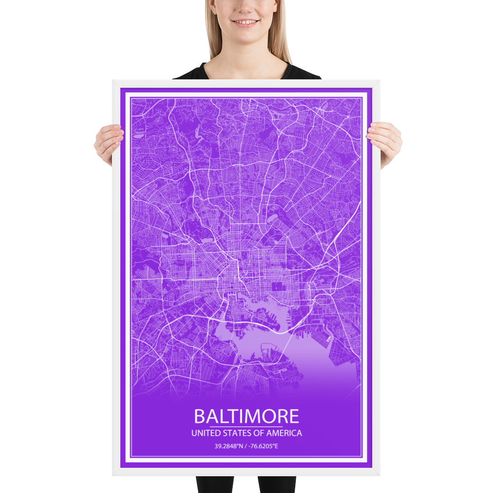Baltimore Purple and White Framed Map
