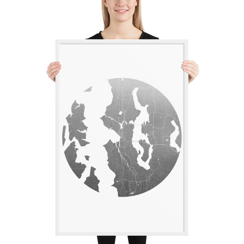 Seattle Silver on White Framed Map
