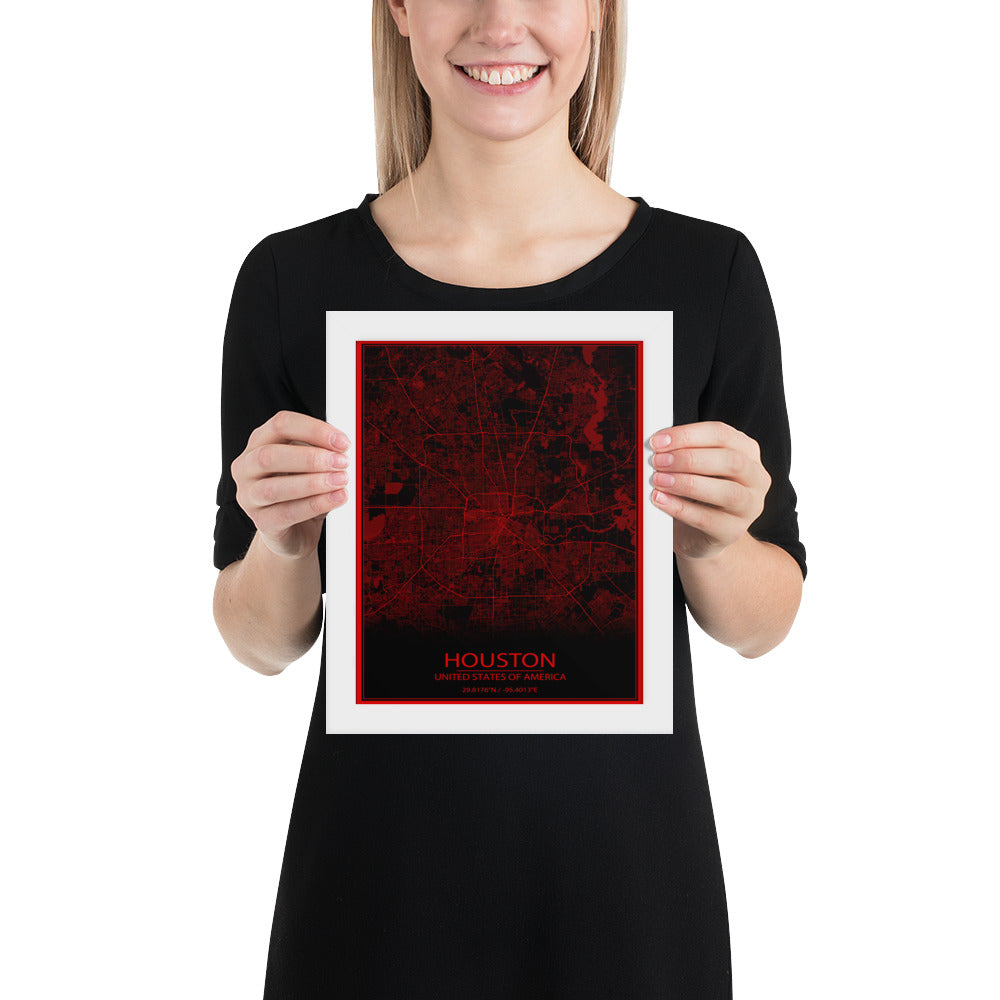 Houston Black and Red Framed Map