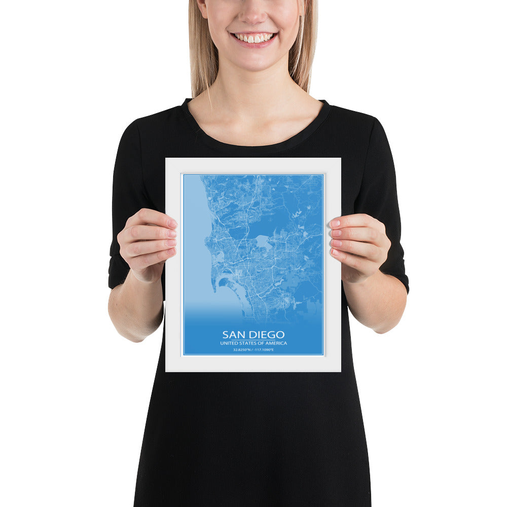 San Diego Blue and White Framed Map