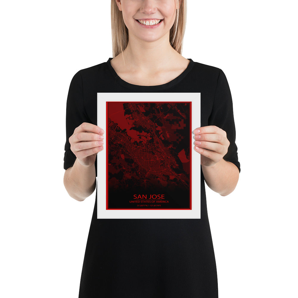 San Jose Black and Red Framed Map