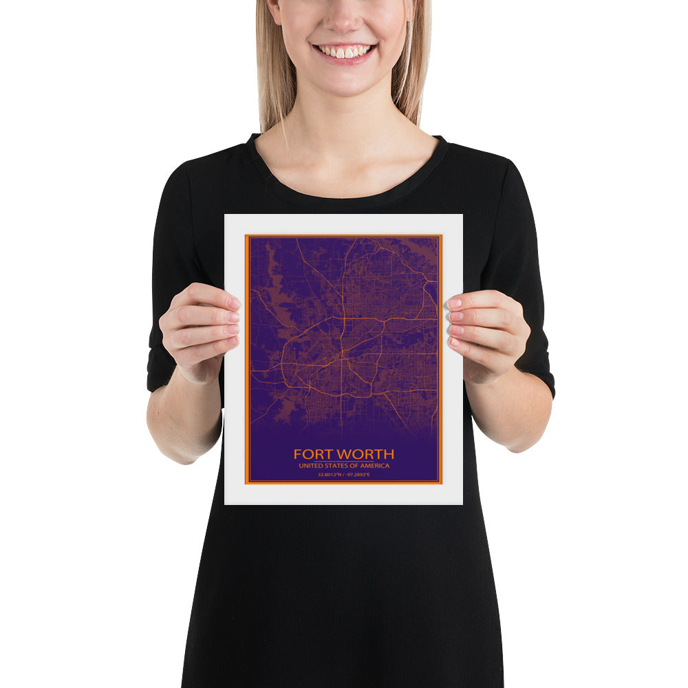 Fort Worth Purple and Orange Framed Map