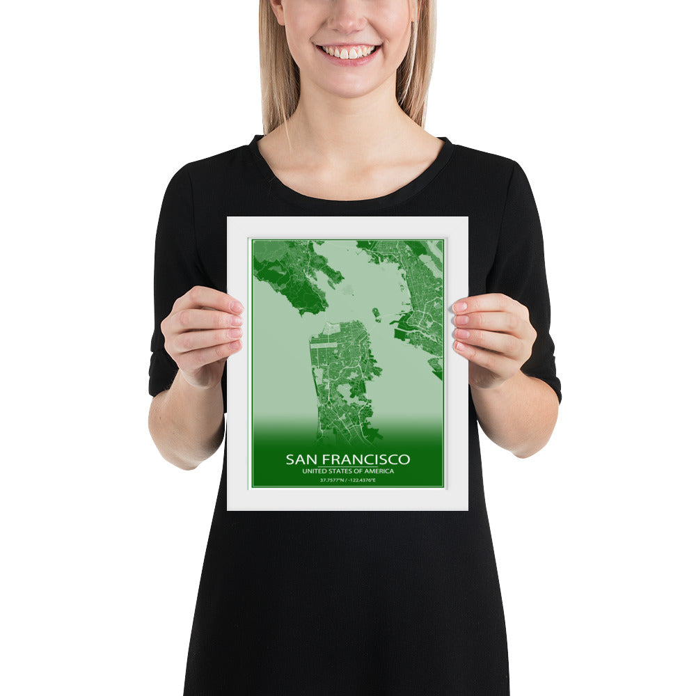 San Francisco Green and White Framed Map