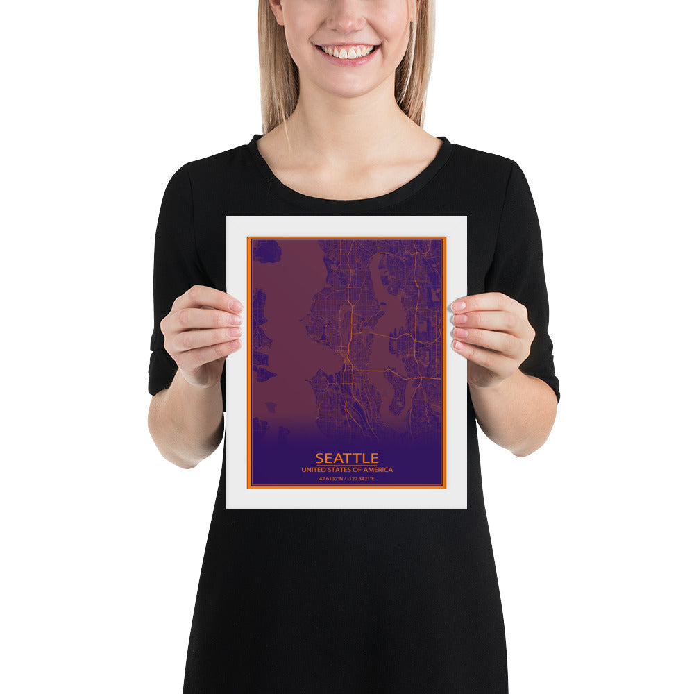 Seattle Purple and Orange Framed Map