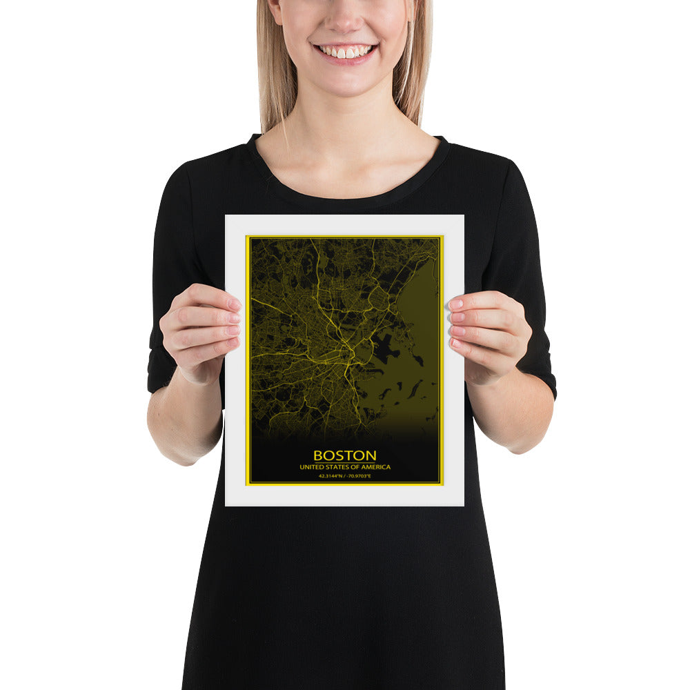 Boston Black and Yellow Framed Map