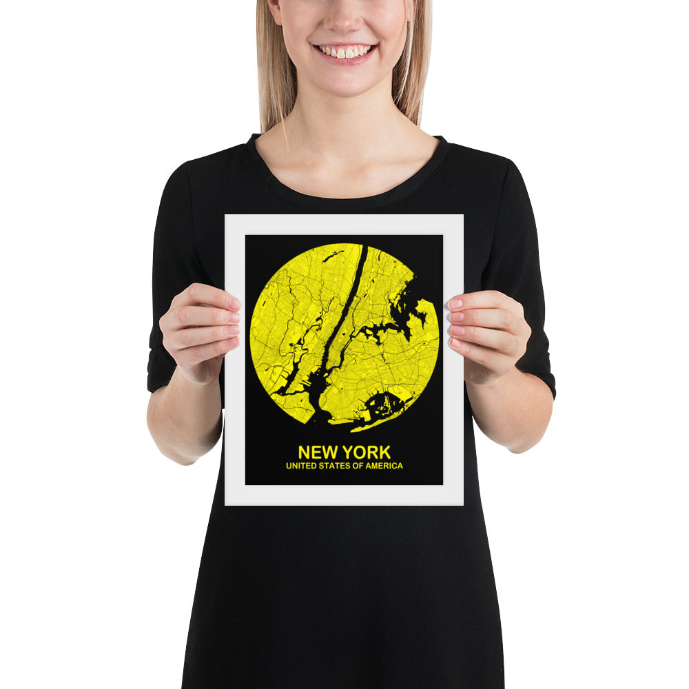 New York Circular Yellow Framed Map