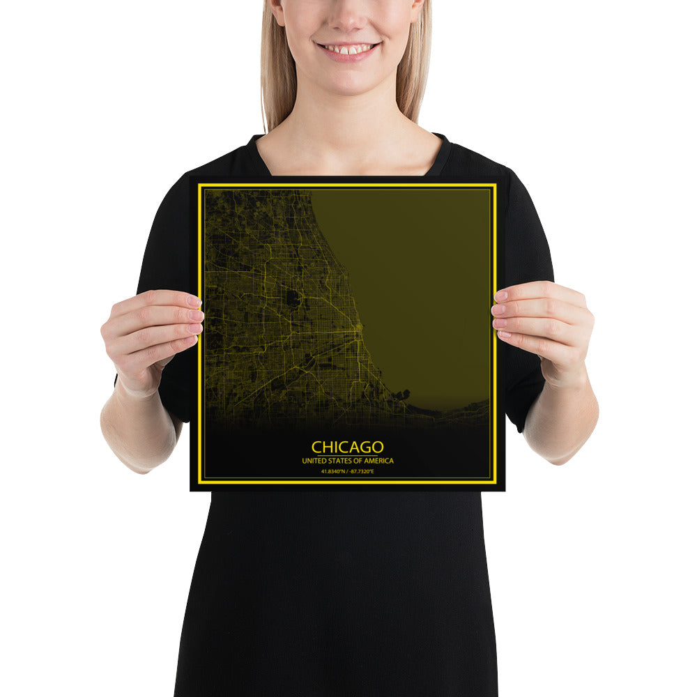 Chicago Black and Yellow Paper Map