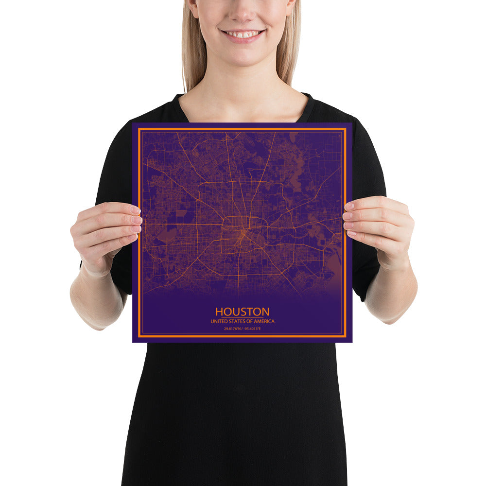 Houston Purple and Orange Paper Map