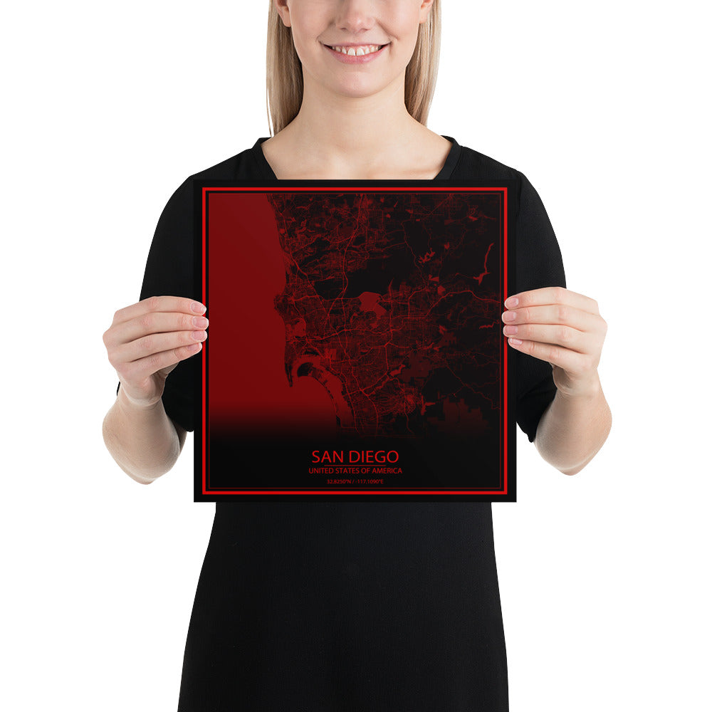 San Diego Black and Red Paper Map