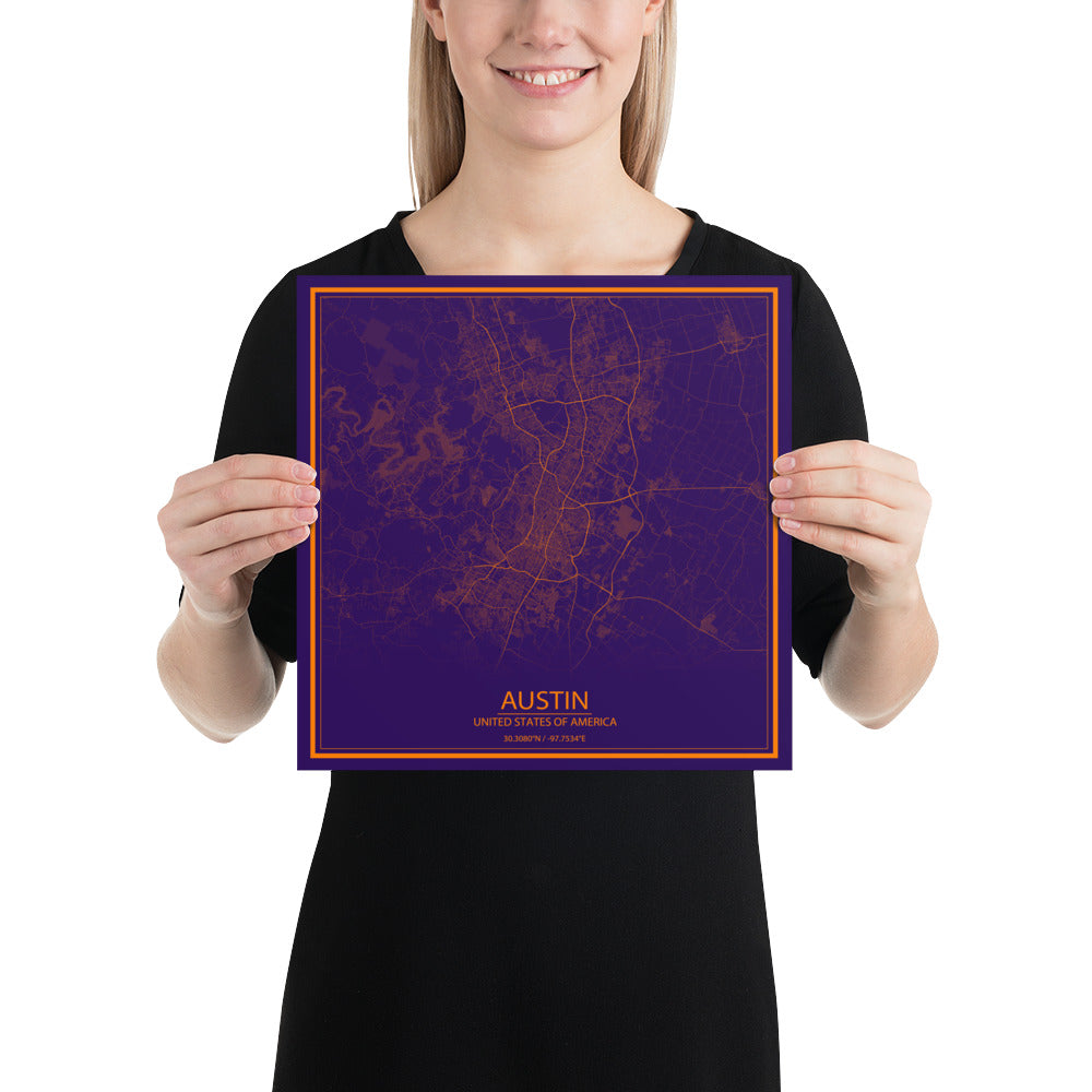 Austin Purple and Orange Paper Map