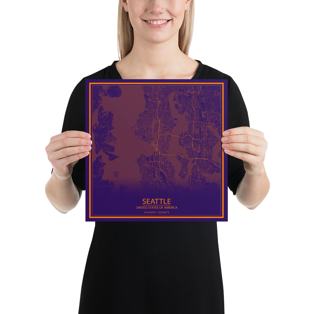 Seattle Purple and Orange Paper Map