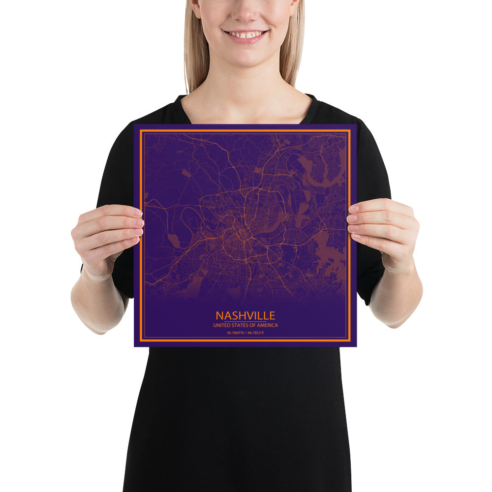 Nashville Purple and Orange Paper Map