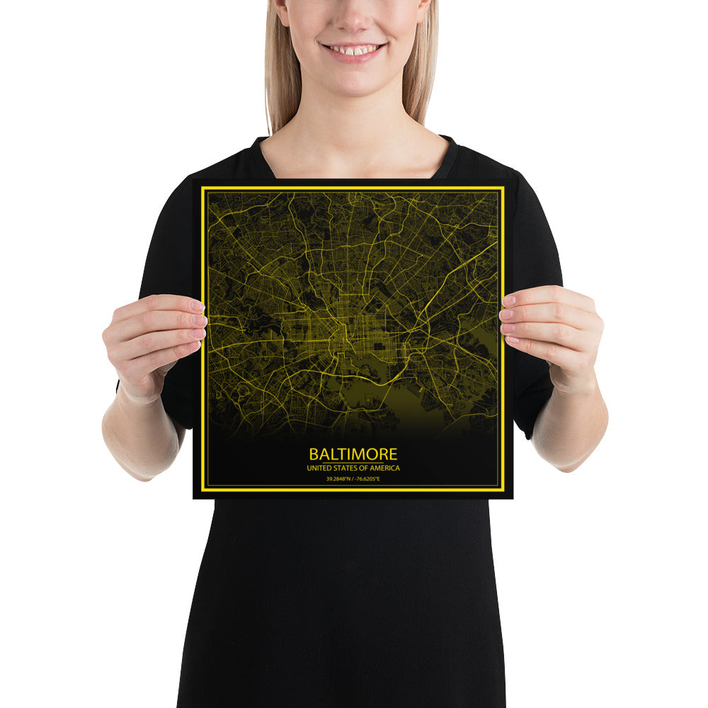 Baltimore Black and Yellow Paper Map
