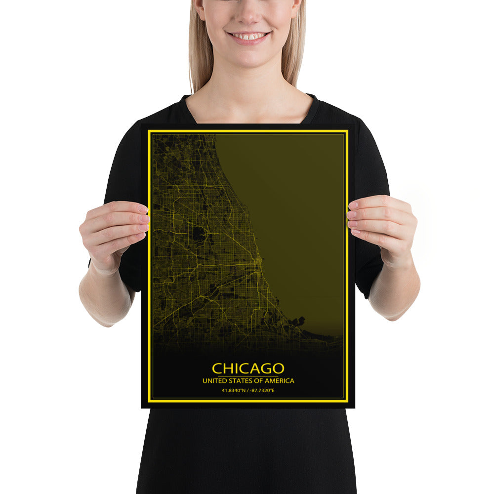 Chicago Black and Yellow Paper Map
